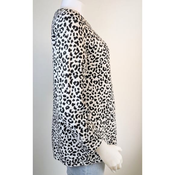 Cynthia Rowley Sweater Large Black Taupe Leopard Print Crew Neck 3/4 Sleeve Soft - Picture 5 of 10